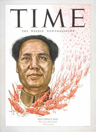 1950年12月11日的封面，人物是毛泽东。标题是：红色中国的毛。红色的基调和蝗虫明确的表现了当时中美意识形态的差异。