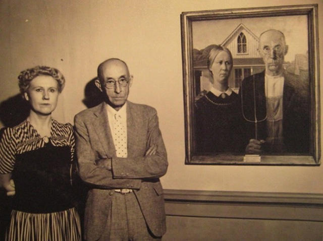 著名油彩画《美国哥特式》与画面主人公真实人物，1930年